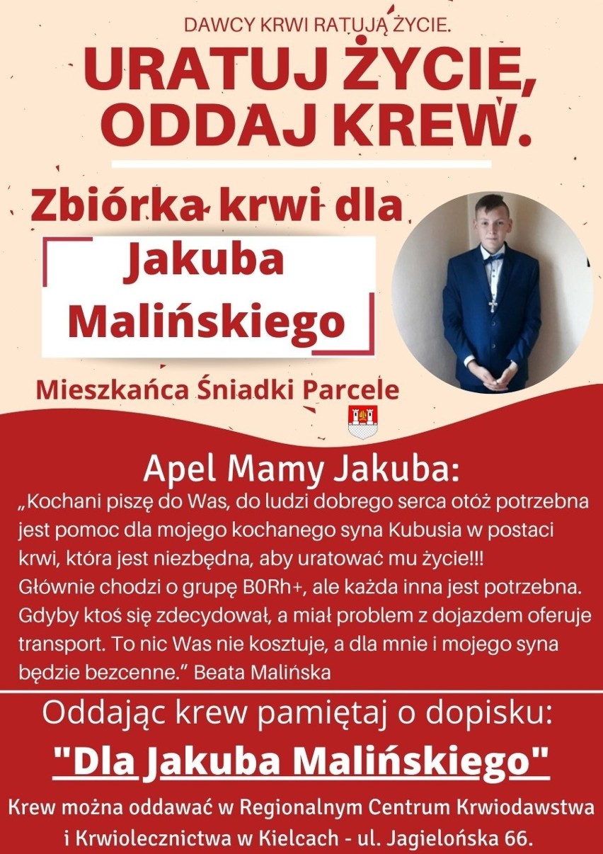 16-letni Jakub Maliński z gminy Bodzentyn pilnie potrzebuje krwi! Pomóżmy
