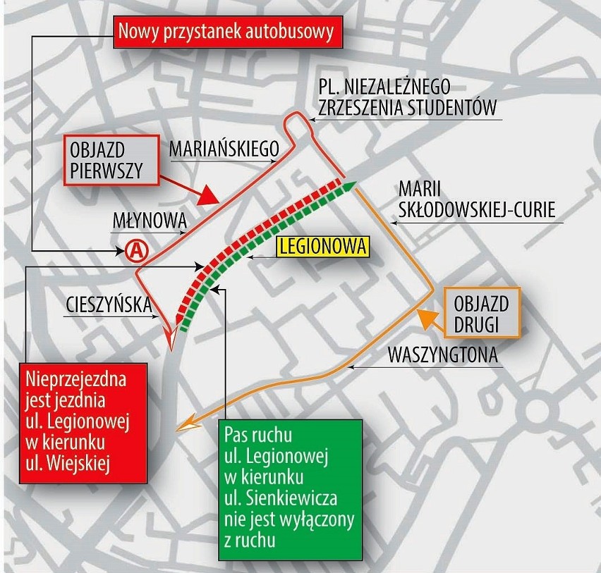 Jak ominąć ulicę Legionową - objazdy