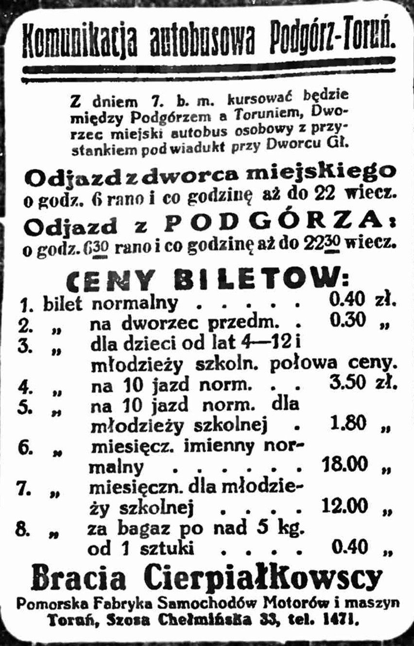 Rozkład jazdy autobusów na linii Podgórz - Toruń z 1926 r.