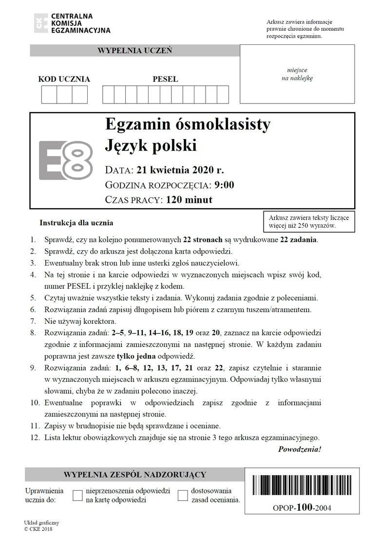Egzamin ósmoklasisty 2021. Język polski. Arkusz CKE,...
