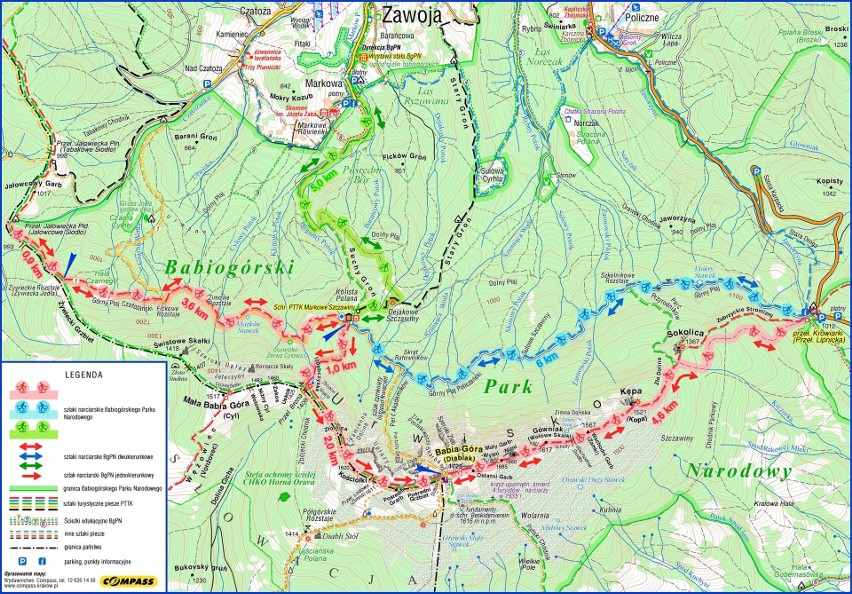 Mapa z przebiegiem szlaków narciarskich w BgPN.