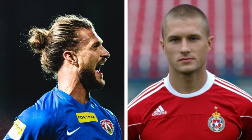 Erik Čikoš jako piłkarz Puszczy (2021 r.) i jako piłkarz...