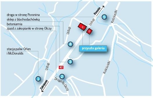 Ta sytuacyjna mapa pokazuje, gdzie zaplanowano galerię handlową na Ustupie. Stanie ona ok. 200 metrów od granicy miasta z gminą Poronin oraz 400 metrów od stacji paliw Orlen i baru McDonald's