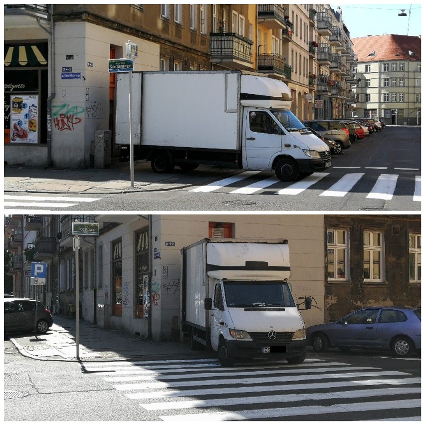 Parkowanie po szczecińsku. Zastawiony chodnik i przejście dla pieszych