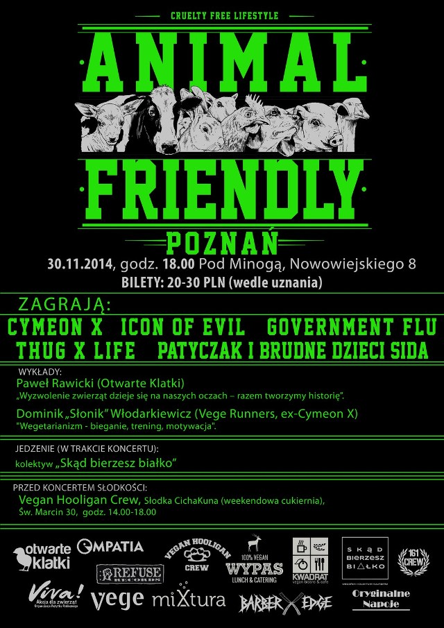 Plakat promujący koncert "Animal Friendly" w Poznaniu