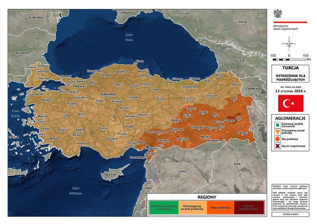 Turcja - ostrzegamy przed podróżąZ uwagi na działania zbrojne na pograniczu turecko-syryjskim i turecko – irackim oraz niestabilną sytuację w południowo-wschodniej Turcji zaleca się powstrzymanie od podróży w te rejony kraju. Należy bezwzględnie stosować się do zaleceń tureckich sił porządkowych. MSZ zaleca unikanie wszelkich zgromadzeń w miejscach publicznych i bezwzględne stosowanie się do zaleceń władz tureckich.