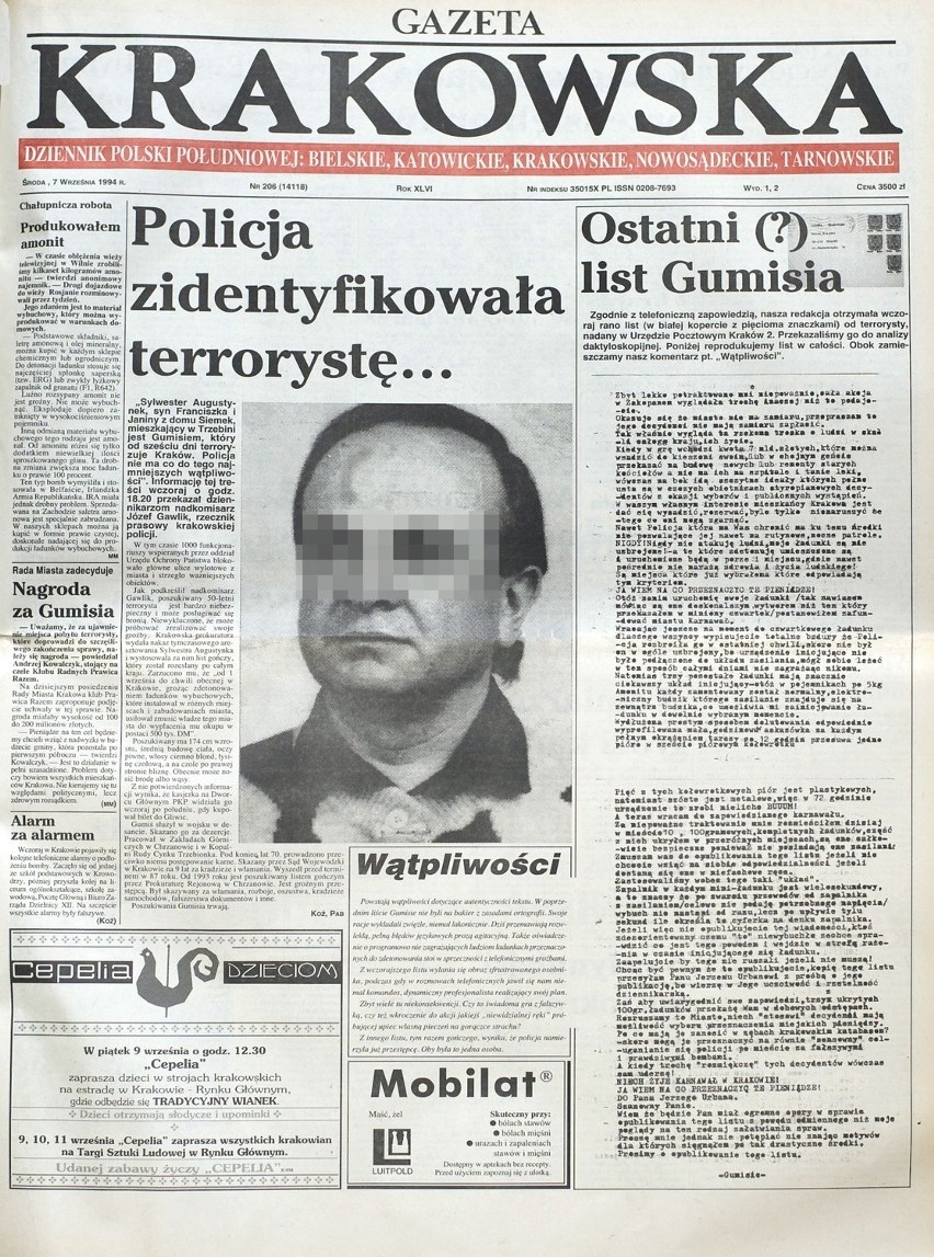 Okładka Gazety Krakowskiej z 7 września 1994 roku. Tak wtedy...