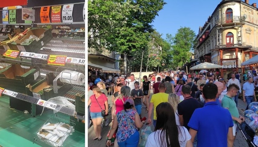 Zakopane. Rzeka ludzi na Krupówkach. Pod Giewontem są takie tłumy turystów, że w sklepach półki świecą pustkami!