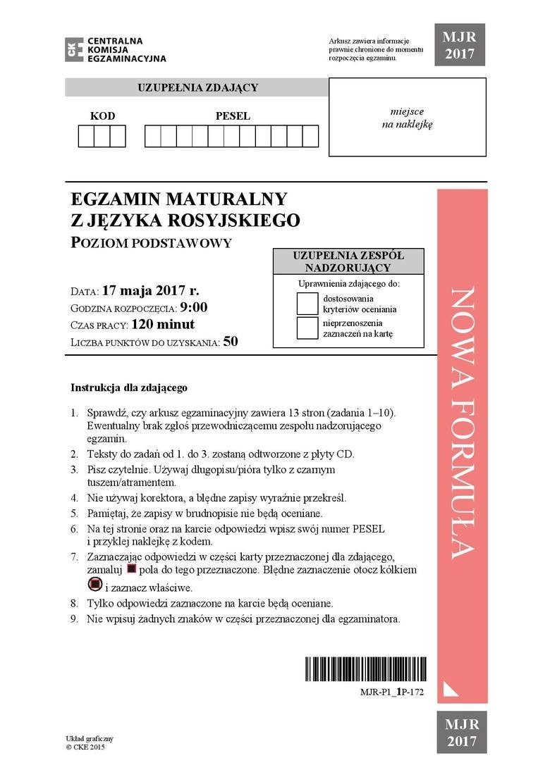 MATURA: JĘZYK ROSYJSKI 2018. ARKUSZE CKE ONLINE. Odpowiedzi...