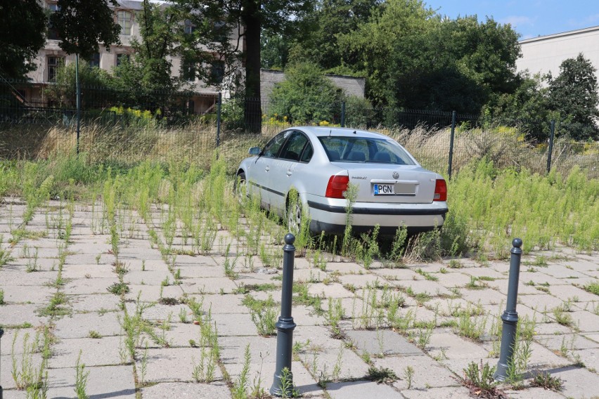 Samochód na placu Dąbrowskiego parkuje tak długo, że zdążyli go ogrodzić palikami ZDJĘCIA