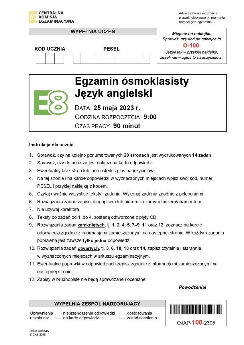 Arkusze CKE z egzaminu ósmoklasisty z języka angielskiego...