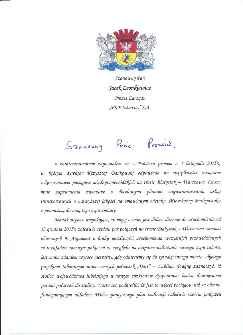 List prezydenta Białegostoku do prezesa PKP Intercity