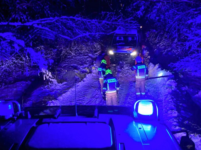 Strażacy-ochotniczy z Bociek usuwali z drogi złamane drzewo by pomóc przejechać załodze ZRM