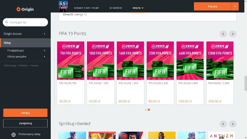 Ceny Punktów FIFA w sklepie Origin