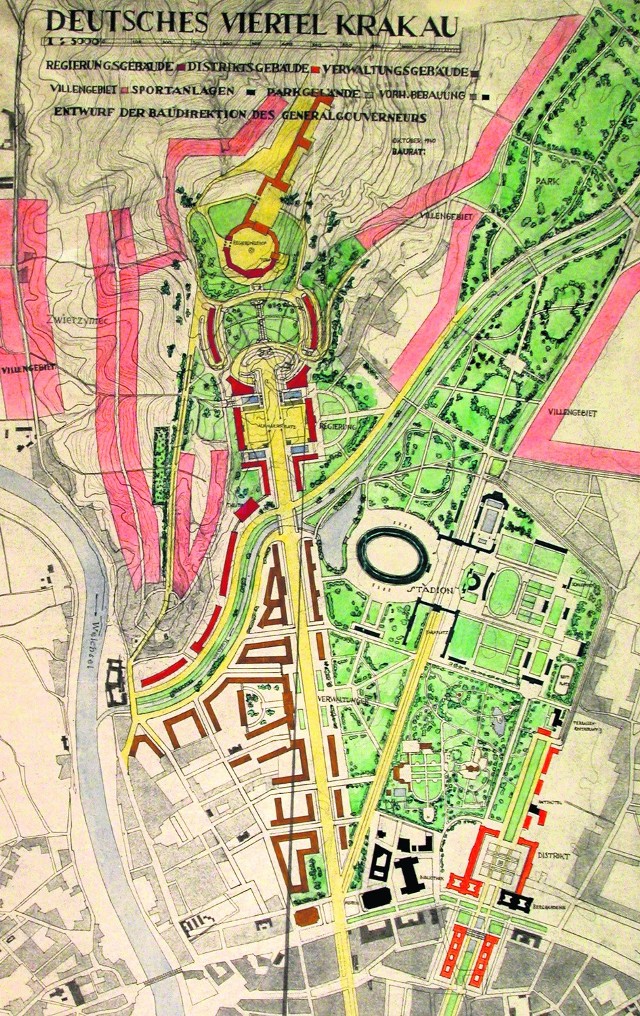 Plan zagospodarowania Błoń i okolic. Uwagę zwraca wielki stadion na środku Błoń i aleja prowadząca pod kopiec.