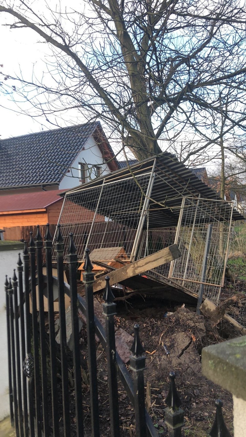 Wichury w powiecie wielickim. Drzewa na drogach, uszkodzone budynki