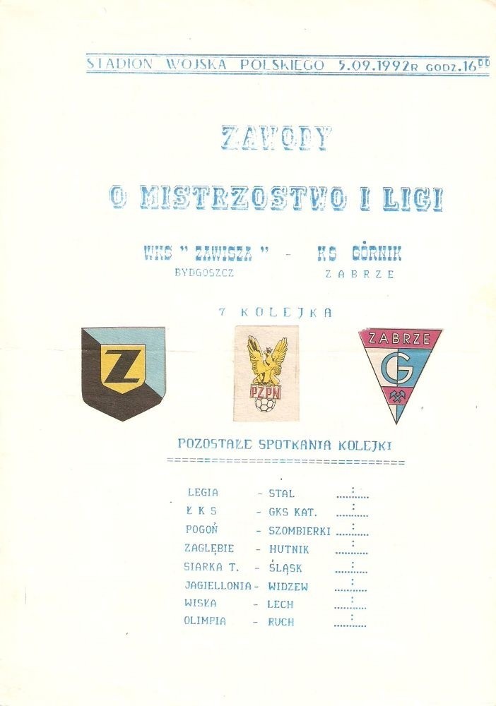 Program meczowy Zawisza - Górnik, sezon 1992/1993
