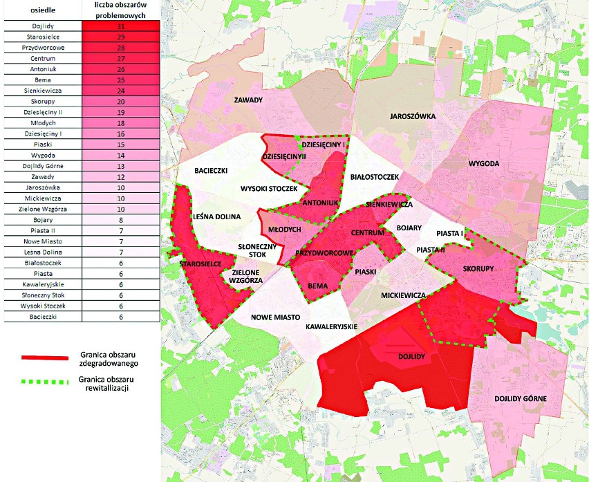 Najwięcej obszarów problemowych (31) jest na Dojlidach,...