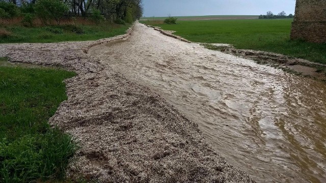 W rejonie Kalinowa pod Strzelcami Opolskimi opady gradu i deszczu były tak intensywne, że ulicami i polami zaczęła płynąć woda.