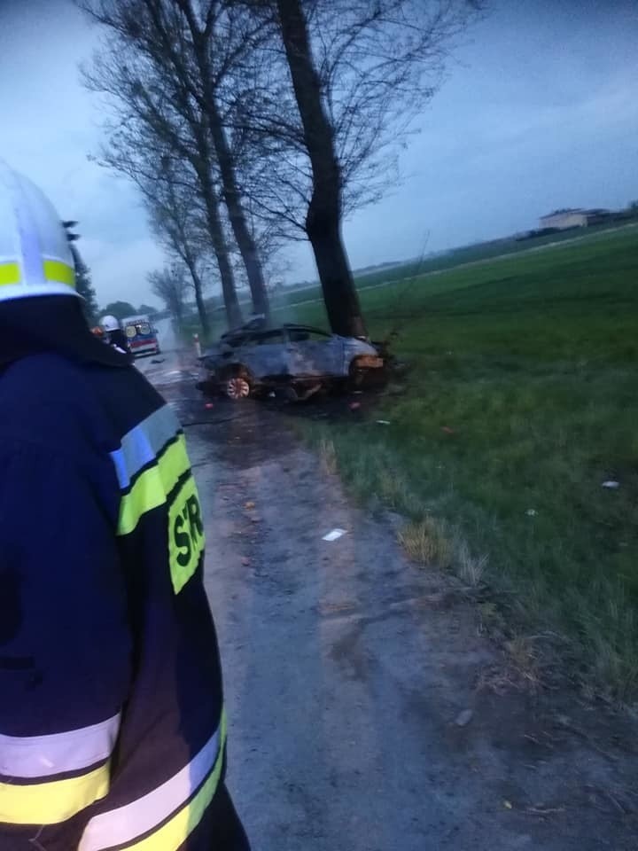 Samochód uderzył w drzewo i zapalił się. Kobieta zginęła