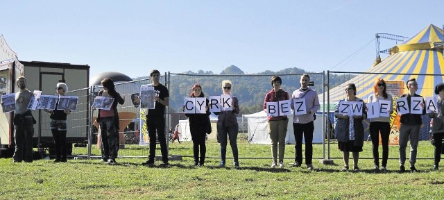 Protest na krakowskich Błoniach przed cyrkiem Zalewski. Tych ludzi i wielu innych nie bawi przebieranie małp w sukienki i zmuszanie lwów do skoków przez obręcze