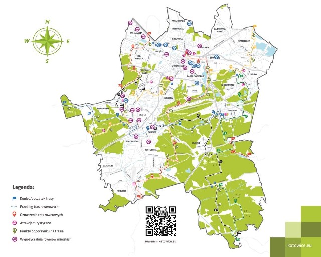Na mapce zaznaczono trasy rowerowe w mieście oraz wypożyczalnie rowerów