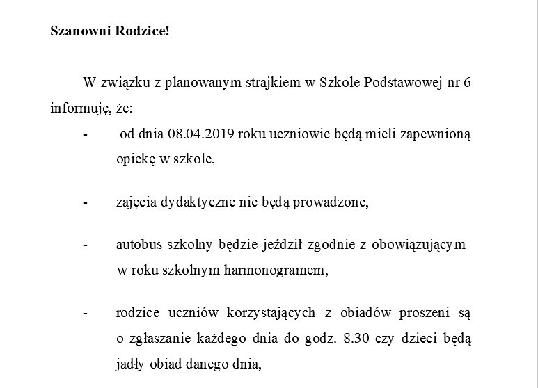 Komunikat szkoły podstawowej nr 6