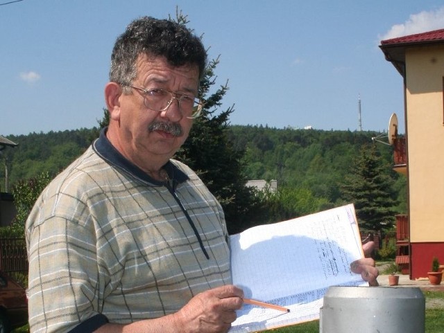 Henryk Trepka, regionalista i synoptyk amator z Nowej Słupi codziennie od 31 lat u stóp Łysej Góry obserwuje pogodę i dokumentuje temperaturę, opady i siłę wiatru w swoim zeszycie.