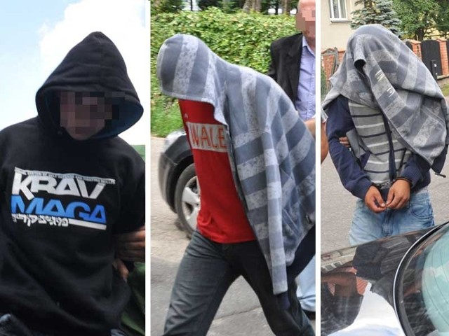 Zdjęcia całej trójki podejrzanych  doprowadzanych do szczecineckiej prokuratury przez policjantów