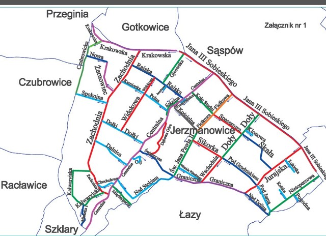 Mapa Jerzmanowic z zaznaczonymi nazwami ulic, które będą obowiązywały od końca stycznia 2017 roku