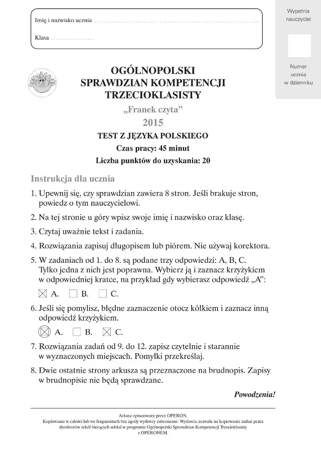 Test Trzecioklasisty 2015 OPERON. ARKUSZE [ODPOWIEDZI, WYNIKI, ARKUSZE]