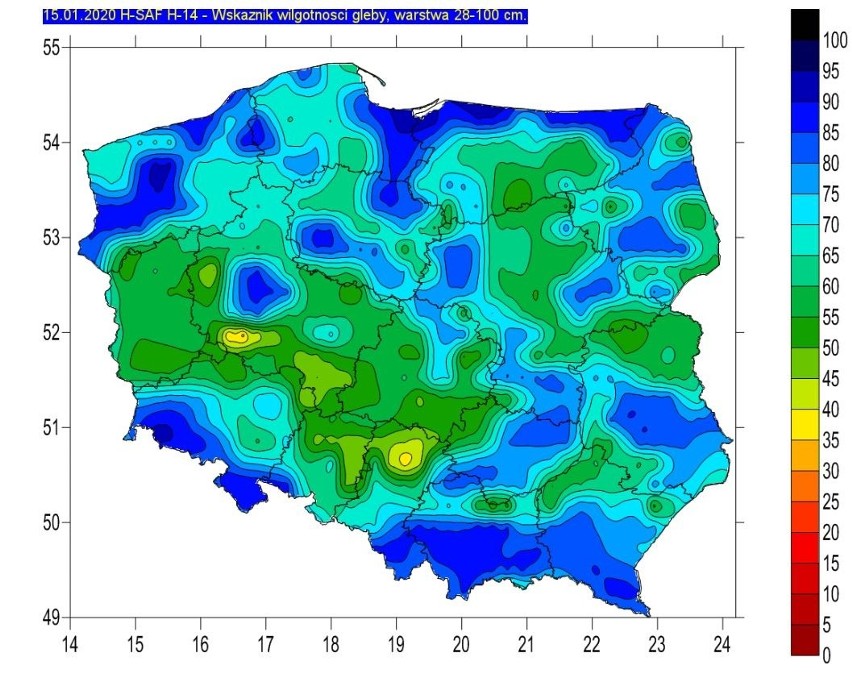 Mapa obrazująca wilgotność gleby na głębokości 28-100 cm,...