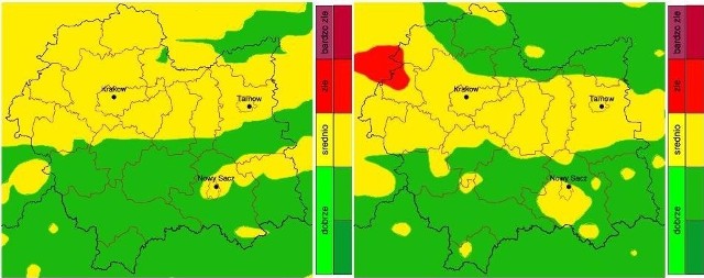 Tak wyglądają ogólne mapki z prognozami zanieczyszczenia powietrza dla całej MałopolskiZ lewej: prognoza na 23 października, a z prawej: prognoza na 24 października. Z obu wynika, że np. w Krakowie jakość powietrza będzie średnia (kolor żółty). Natomiast szczegółowa prognoza dla Krakowa (publikowana na podstronie) mówi, że dziś i jutro w naszym mieście jakość powietrza będzie zła