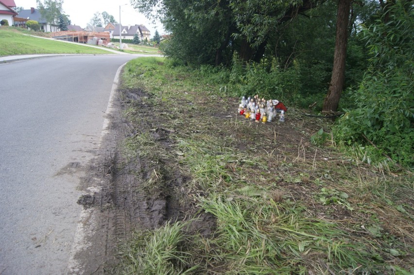 Tu widzimy ślady jakie zostawił na trawie wypadający z drogi...