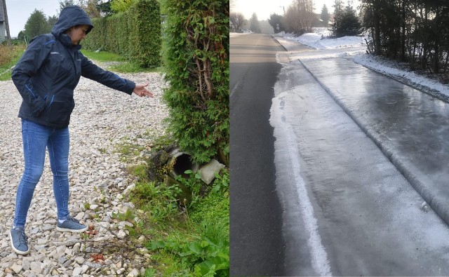 Posesja pani Małgorzaty z Niedźwiedzy w gminie Dębno od lat jest zalewana wodą z pobliskich pól, zimą zamarza na chodniku i drodze powiatowej