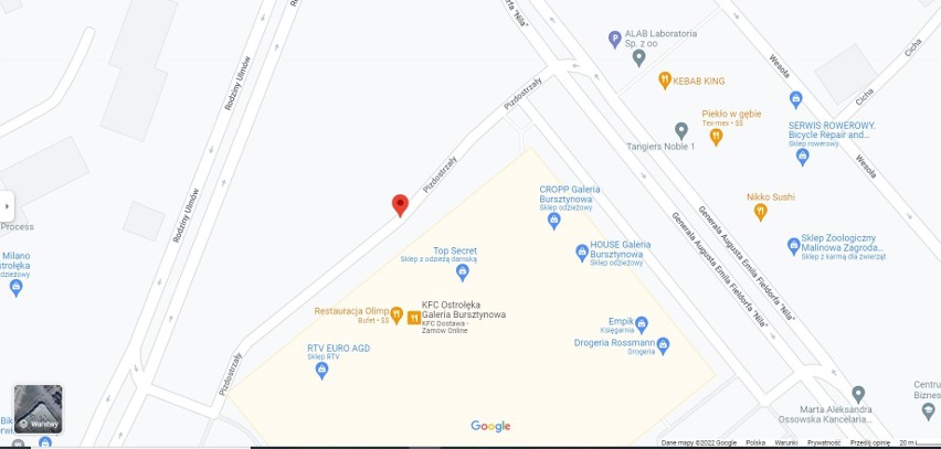 Ostrołęka. Ulica Pizdostrzały pojawiła się na mapach Google w pobliżu Galerii Bursztynowej. 21.03.2022