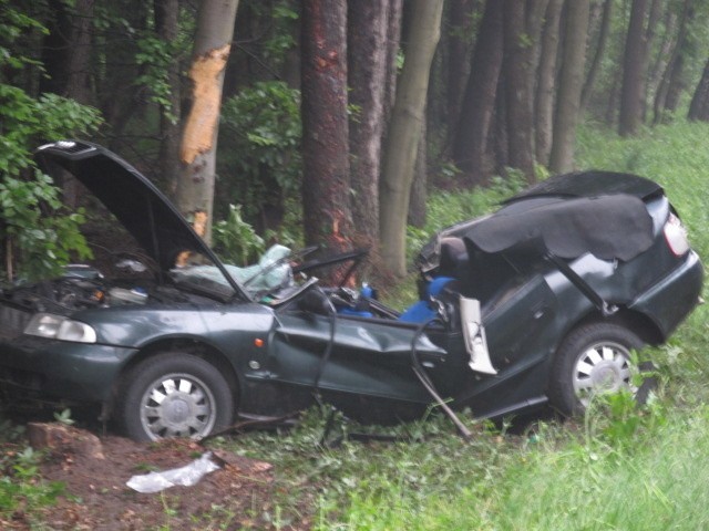 Wypadek na trasie Karlino - Biesiekierz. Audi A4 na drzewie [zdjęcia]