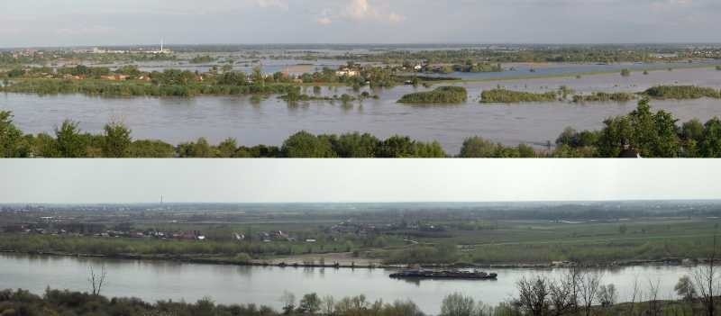 Panorama Sandomierza w czasie powodzi i dziś.