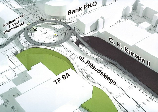 Zgodnie z ostateczny projektem winda zastąpi pochylnię, która na grafice sasiaduje z gmachem Podkarpackiego Urzędu Wojewódzkiego.