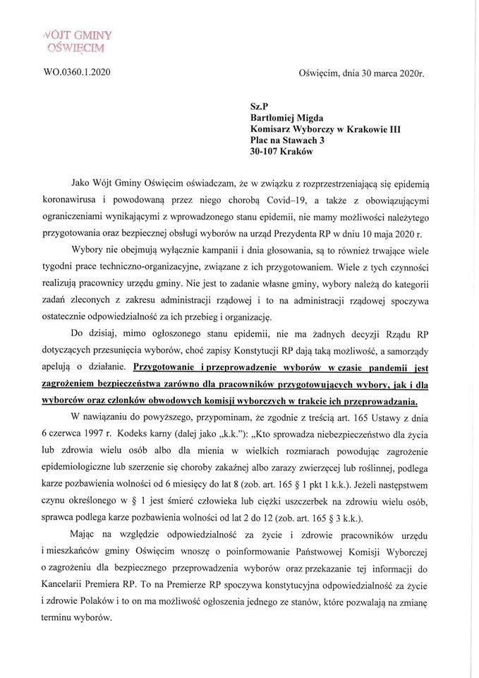 Wójt gminy Oświęcim nie widzi możliwości przeprowadzenia wyborów prezydenckich w czasie epidemii koronawirusa