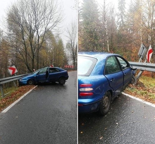 Na drodze wojewódzkiej 781, ul. Beskidzka, w Targanicach. Samochód osobowy wbił się w bariery. Nikomu nic się nie stało.