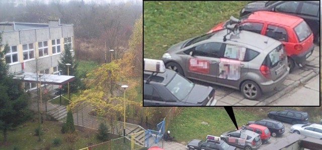 Samochód z plakatami jednego z kandydatów na prezydenta Szczecina przed komisją wyborczą przy ul. Bandurskiego.