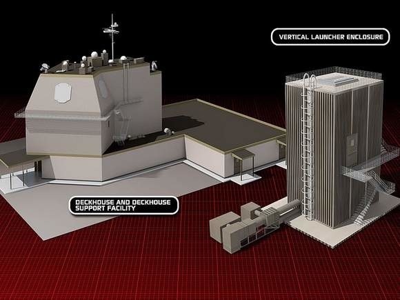 Tak ma wyglądać instalacja tarczy w Redzikowie. Po lewej kontener z rakietą, po prawej nadbudówka okrętowa, która będzie centrum dowodzenia.
