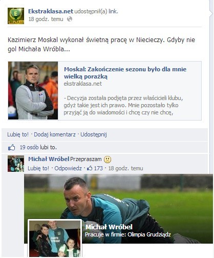 Michał Wróbel przeprasza na Facebooku