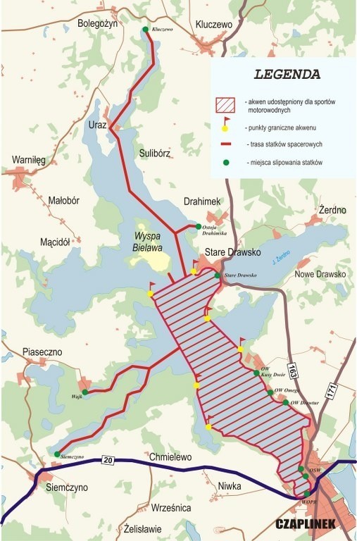 Na mapie jeziora Drawsko zaznaczone zostały trasy, po których mogą się poruszać statki spacerowe oraz obszar, po którym mogą pływać motorówki o mocy do 40 kW. Nadal obowiązywać ma całkowity zakaz poruszania się po jeziorze skuterów wodnych.