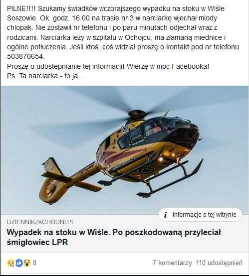 Wypadek na nartach w Wiśle Soszowie. Narciarka ma liczne złamania. Sprawca poszukiwany