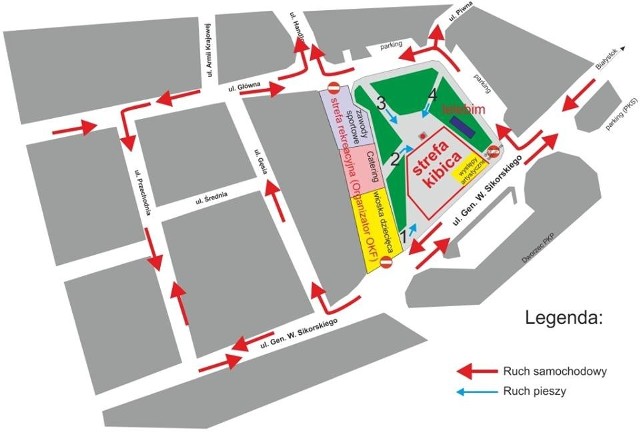 Mapka prezentująca ruch wokół strefy kibica