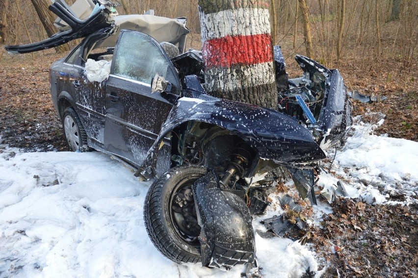 Śmiertelny wypadek. Opel wbił się w drzewo i stanął w płomieniach
