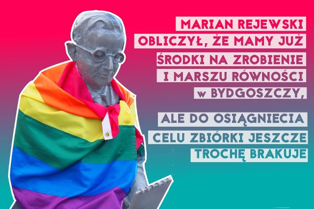 Marian Rejewski w tęczowej fladze reklamujący Marsz Równości, poparcia dla LGBT? Zdaniem kandydata Konfederacji do Europarlamentu to profanacja. Akcję potępiła też córka bydgoskiego kryptologa. Zobaczcie też inne memy Marszu Równości - czy to powód do oburzenia? 11 listopada ma przejść ulicami miasta Marsz Równości - protest przeciwko dyskryminacji i znak poparcia dla osób LGBT. Organizatorzy marszu promują go w internecie memami z bydgoskimi pomnikami. Na jednym z nich znalazła się postać Mariana Rejewskiego. Pomnik został na potrzeby zdjęcia otulony tęczową flagą. 