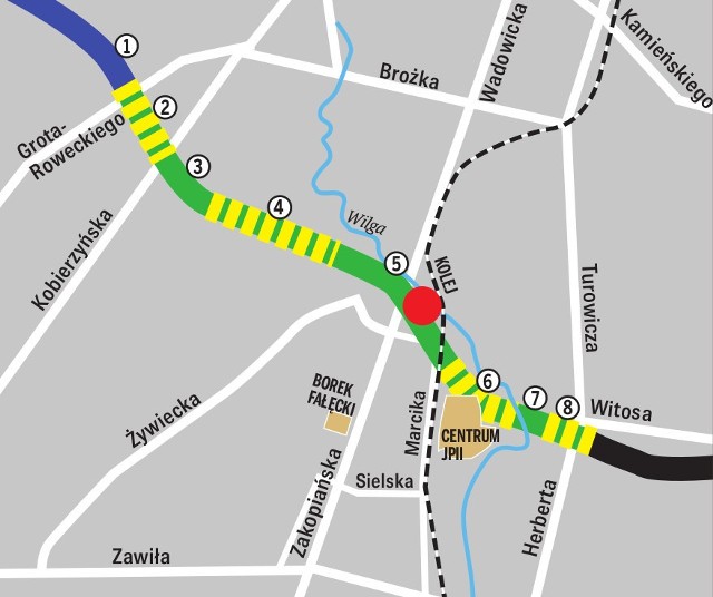 Trasa Łagiewnicka będzie liczyć ok. 3,7 km. Inwestycja drogowa to kolejne uzupełnienie tzw. IV obwodnicy Krakowa. Na jej przebiegu powstaną cztery tunele (odcinki nr 2, 4, 6 i 8) o łącznej długości ok. 1,9 km. Reszta trasy składać się będzie z części naziemnych (nr 1, 3, 5 i 7). Na całej długości inwestycja będzie liczyć po dwa pasy w każdym kierunku. Budowa trasy może rozpocząć się nawet bez wypłaty rekompensat dla wywłaszczonych właścicieli. Czerwonym punktem oznaczyliśmy jeden z terenów bez wypłaconego odszkodowania.